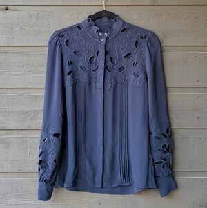 REISS Sophie Lace Trim Shirt Navy Blue US Women's Size 6 Cutouts Open Lace